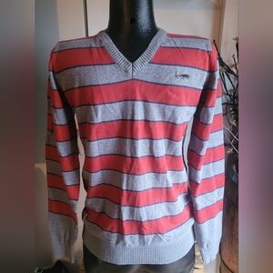Jack And Jones Red And Grey Striped V Neck Sweater S